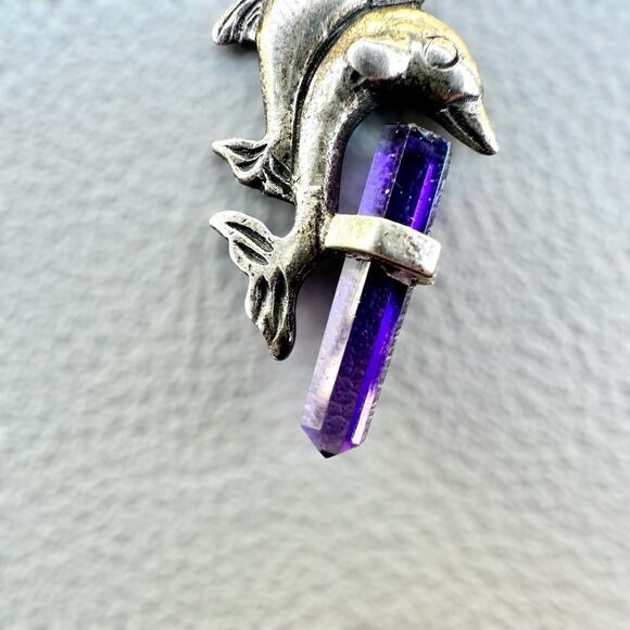 Sterling Silver Dolphin Charm Pendant w Purple Amethyst Glass Crystal Point 925 - Picture 2 of 5